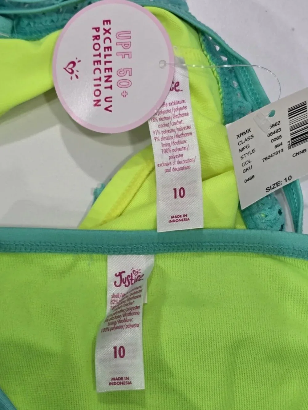 Justice ✦ Girls Two-Piece Swimsuit ✦ Crochet Ruffle Teal Neon Yellow UPF 50+ 10